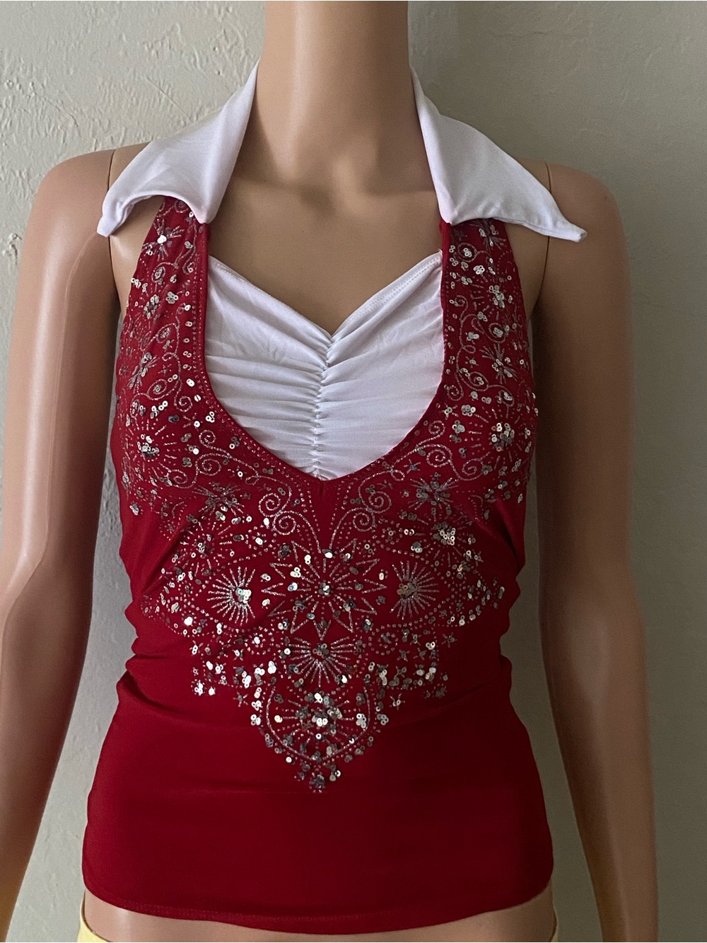 Cranberry Red Embellished Halter Tank with White Contrast Collar